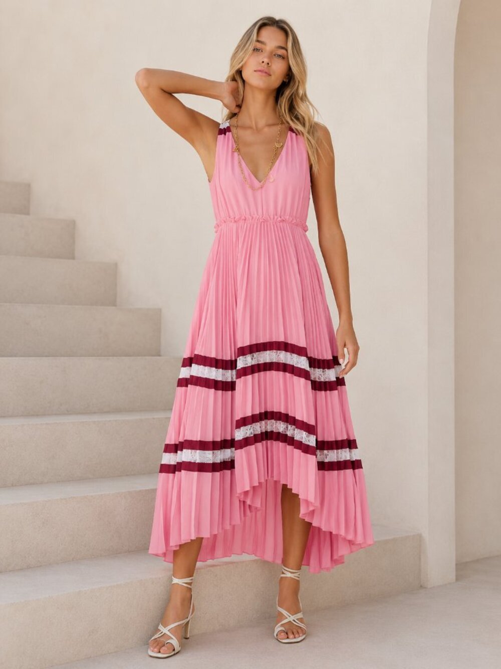 Maje Pink Ritello Stripe Crepe Pleated Designer Midi Dress Size 1 - 8212